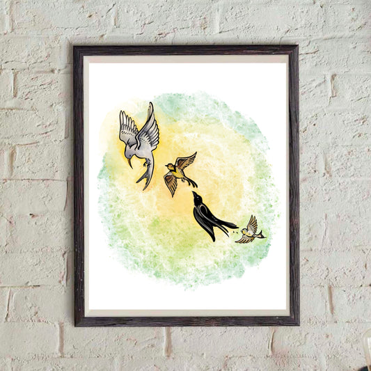 Four Victors as Birds Flying over Sunrise on the Meadow - Hunger Games-Print