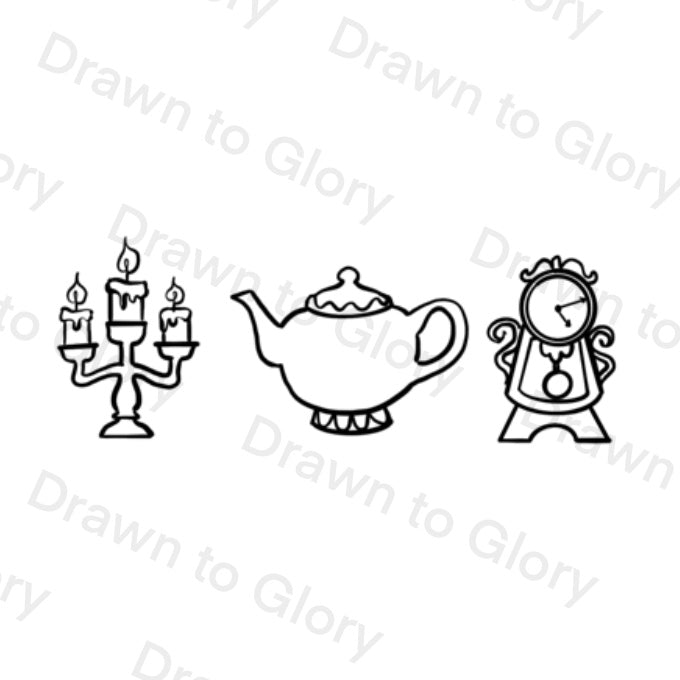 Candle, Teapot and Clock - Beauty - Beast - Tattoo Transparent PNG