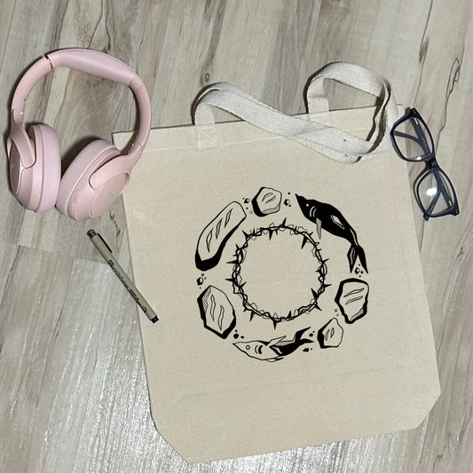 Five Loaves Two Fish - Sturdy Canvas Tote Bags with Bottom 15"W x 16"H x 3"G