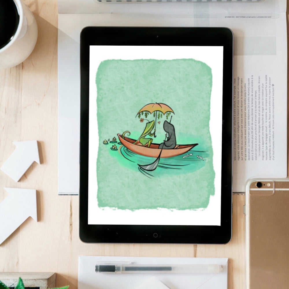 Grim and Life in a canoe - instant download digital printable artwork