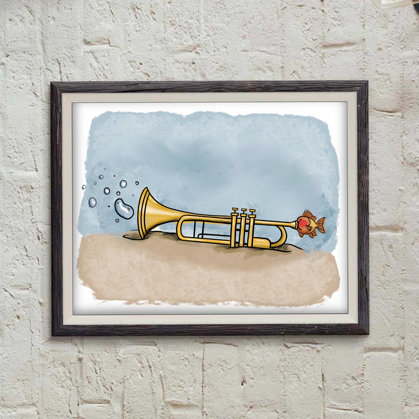 Tiny Fish Playing the Trumpet - doodles Print