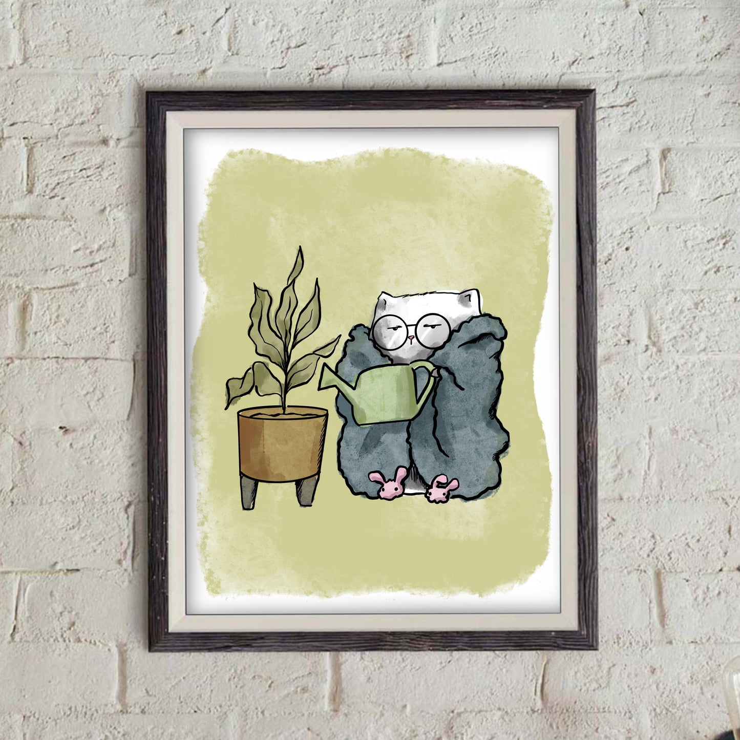Introverted Cat Watering Plants doodles Print