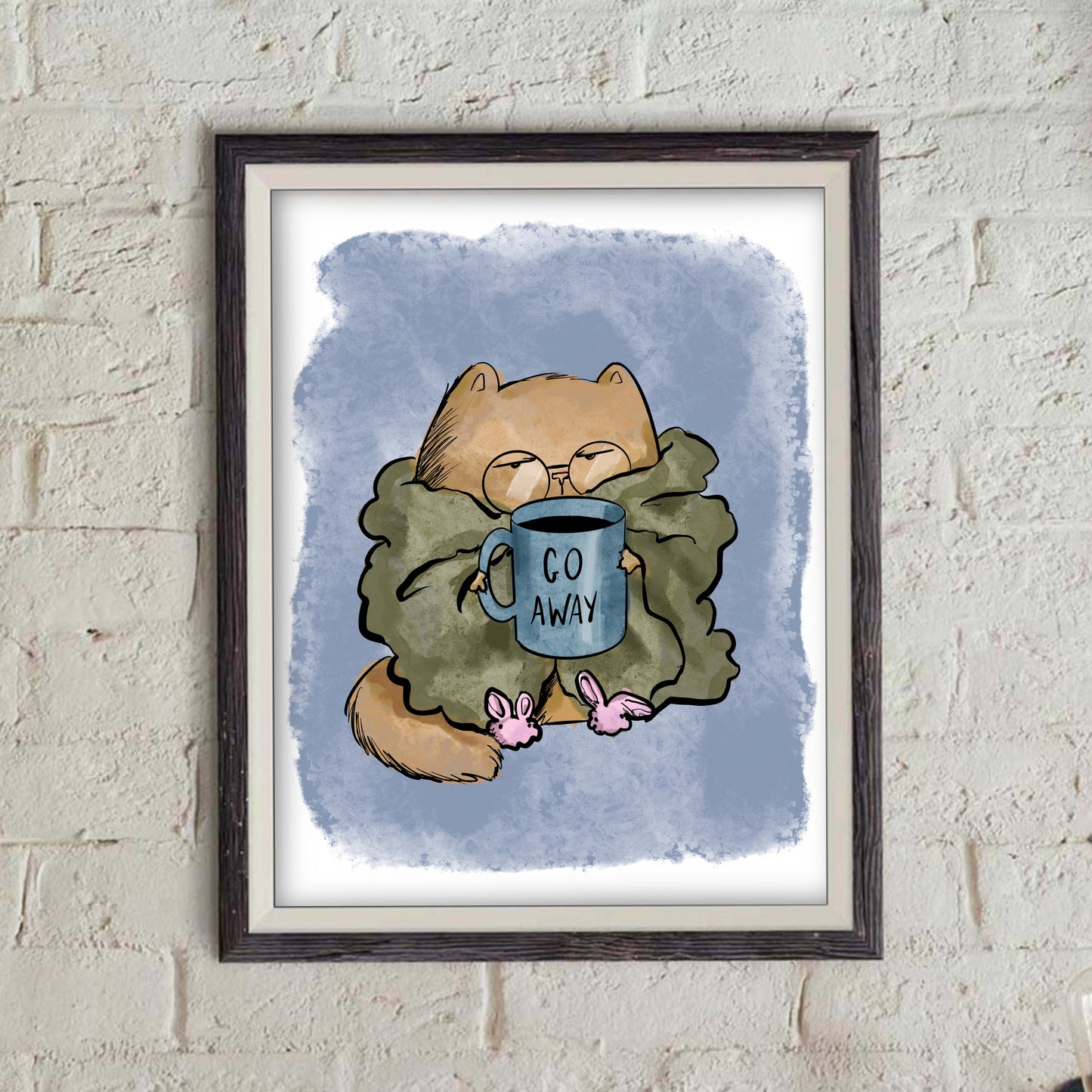 Introverted Cat drinking Coffee doodles Print