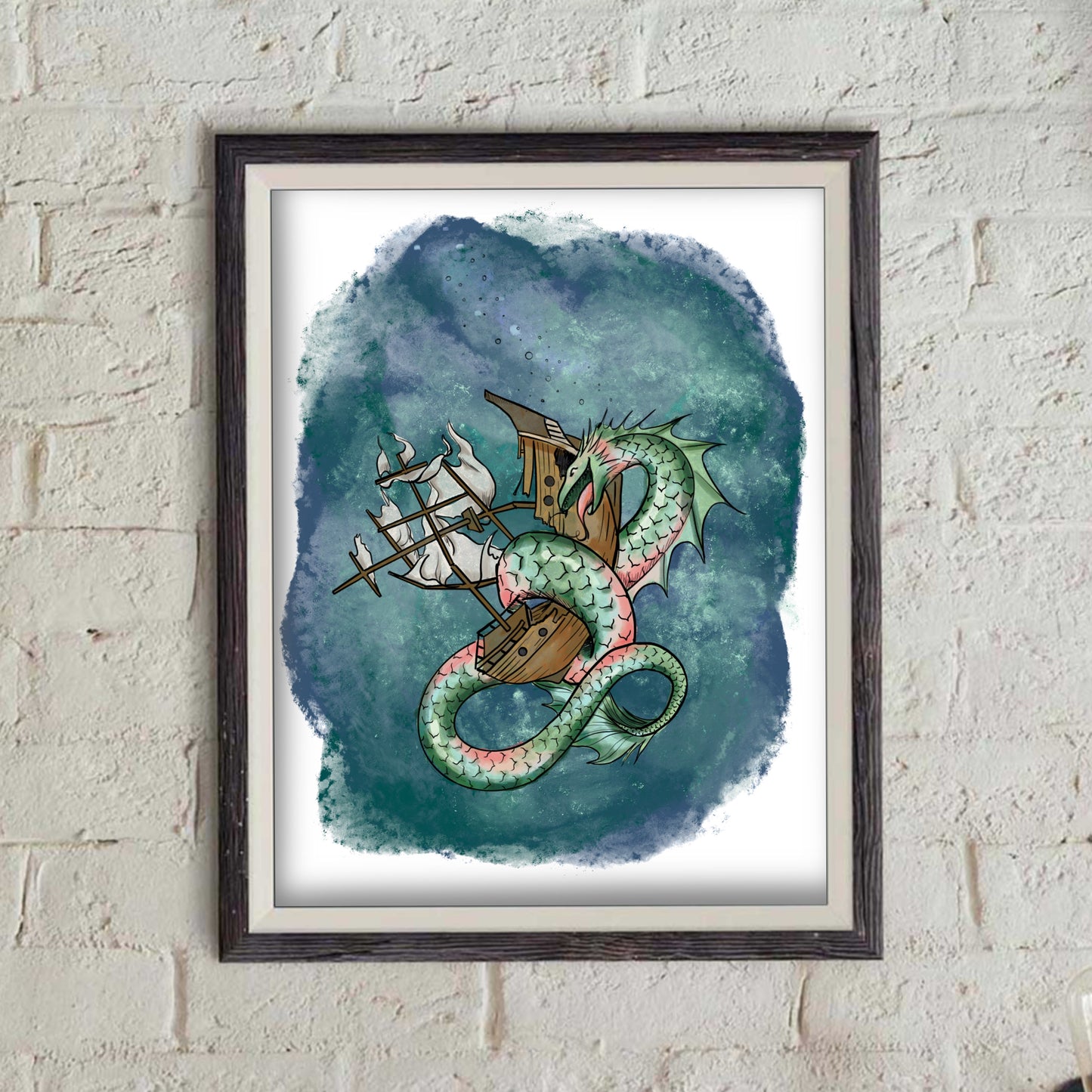 Sea Monster Hugging a Ship- doodle Print