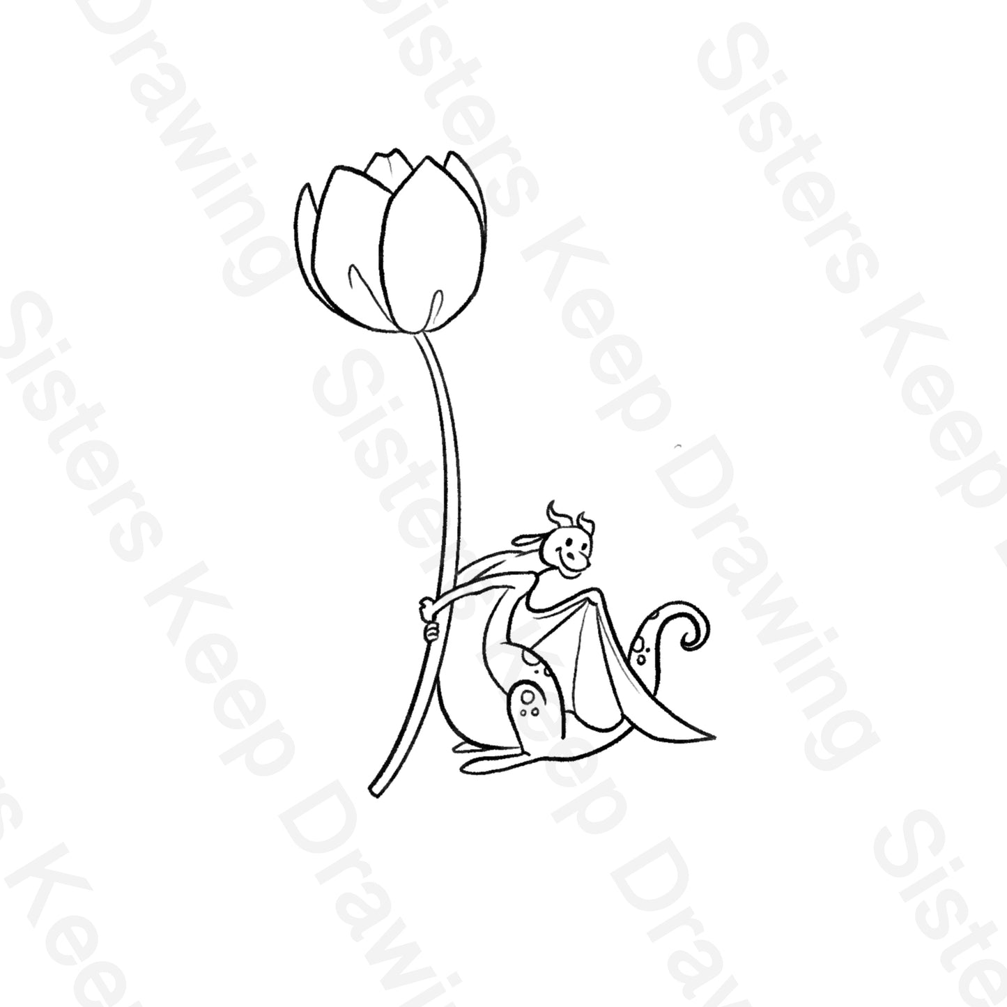 Tiny Dragon holding Tulip-Tattoo Transparent Permission PNG- instant download digital printable artw