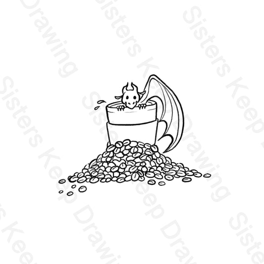 Tiny Dragon hoarding coffee  -Tattoo Transparent Permission PNG- instant download digital printable