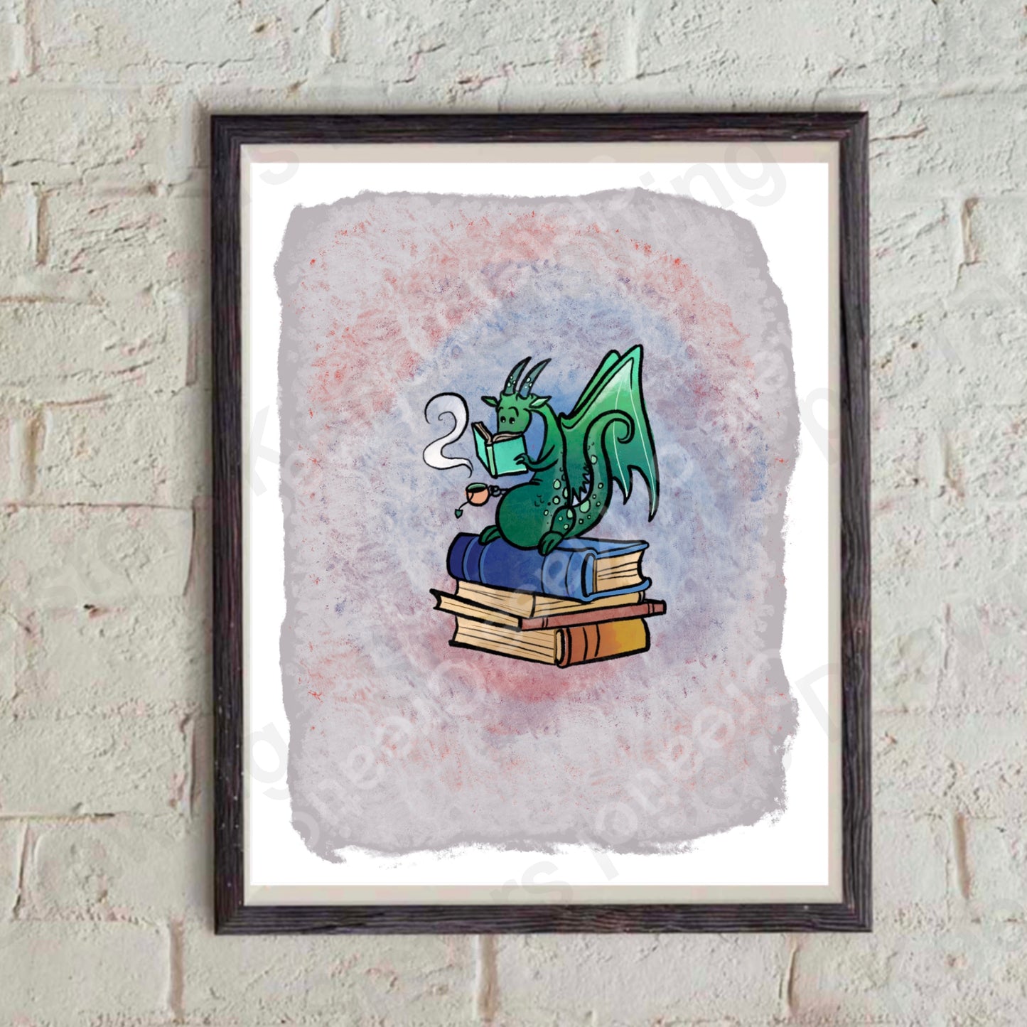 Tiny Dragon Reading on book Pile - Print