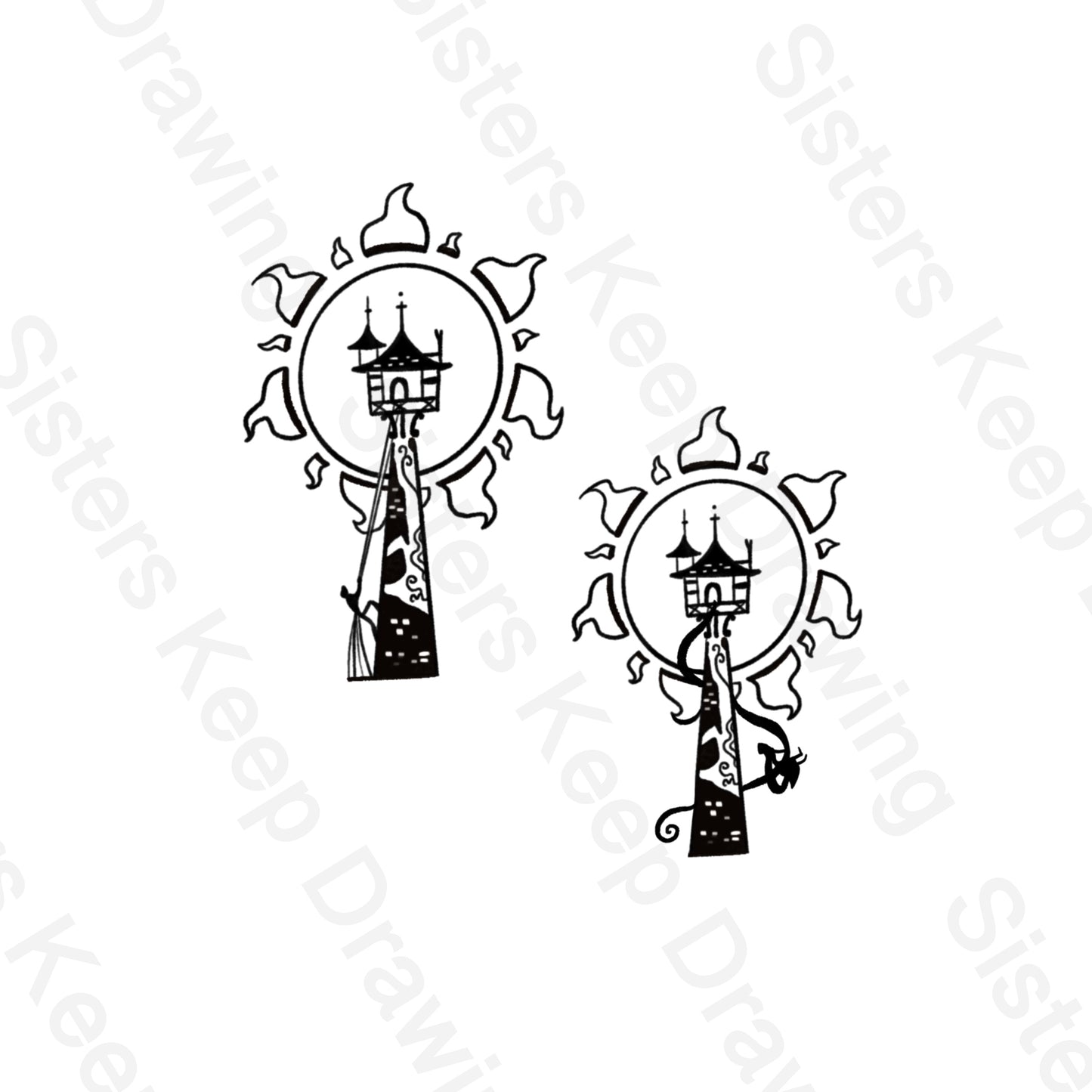 Flynn and Rapunzel climbing tower- Tangled Inspired- Tattoo Transparent Permission PNG