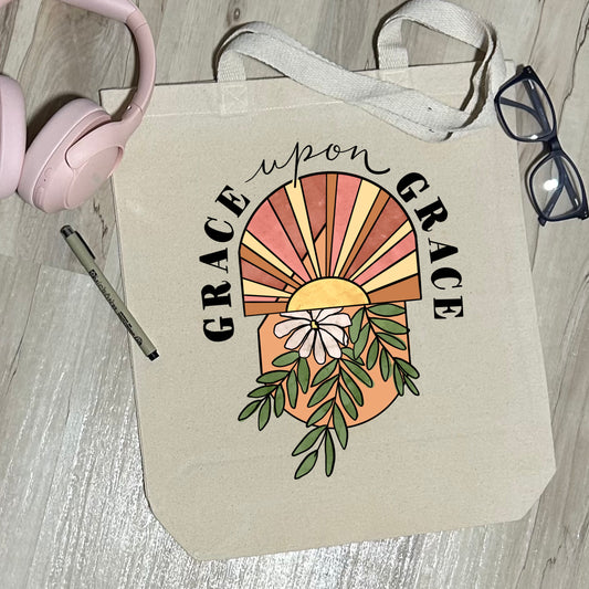 Grace upon Grace- Sturdy Canvas Tote Bags with Bottom 15"W x 16"H x 3"D