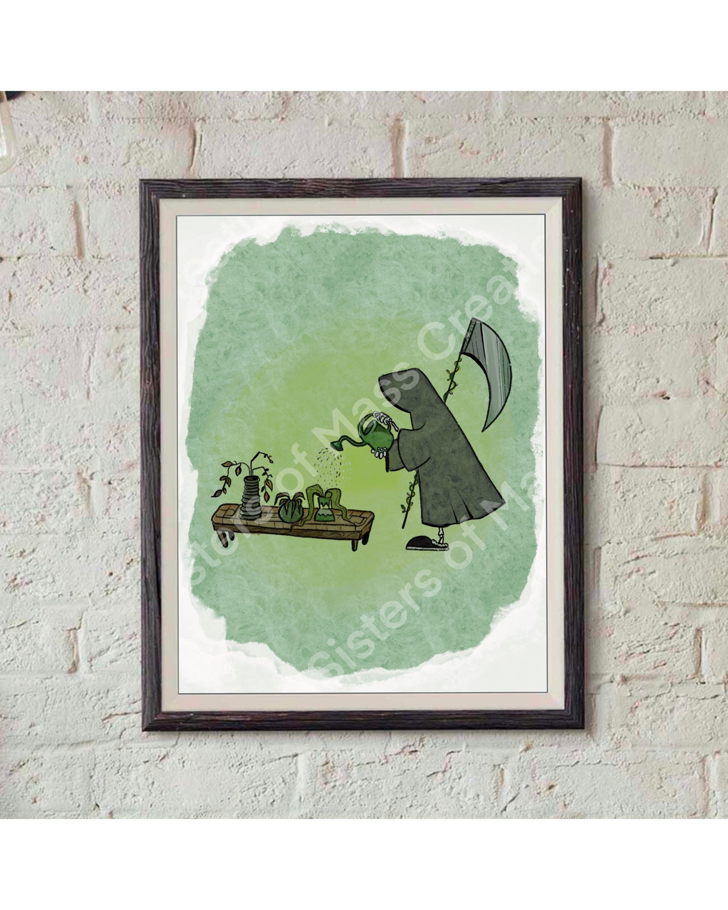 Grim Reaper watering his plants Print