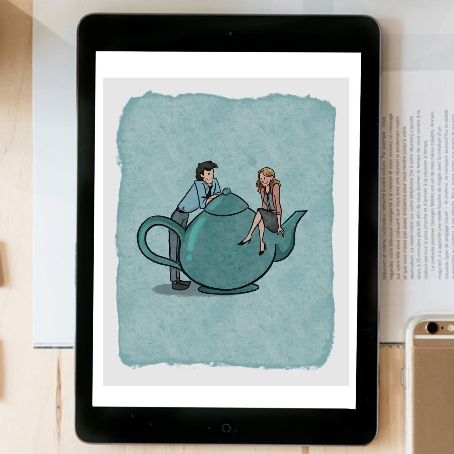The Office Pam and Jim by a Teapot - instant download digital printable artwork