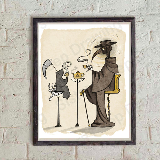 Grim Reaper has tea with Plague Doctor Print