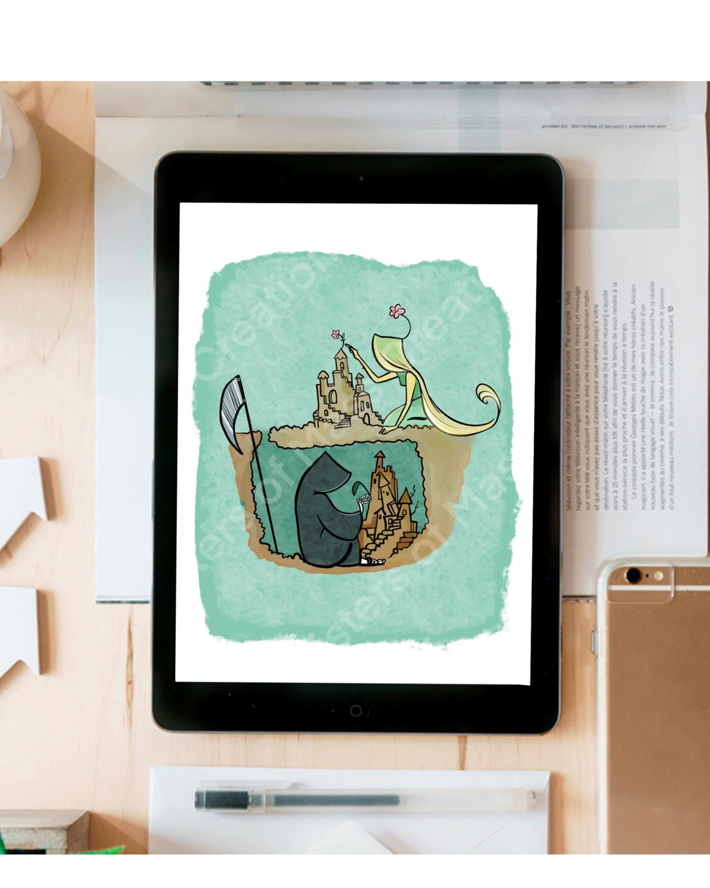 Grim Reaper and Life building sandcastles instant download digital printable artwork