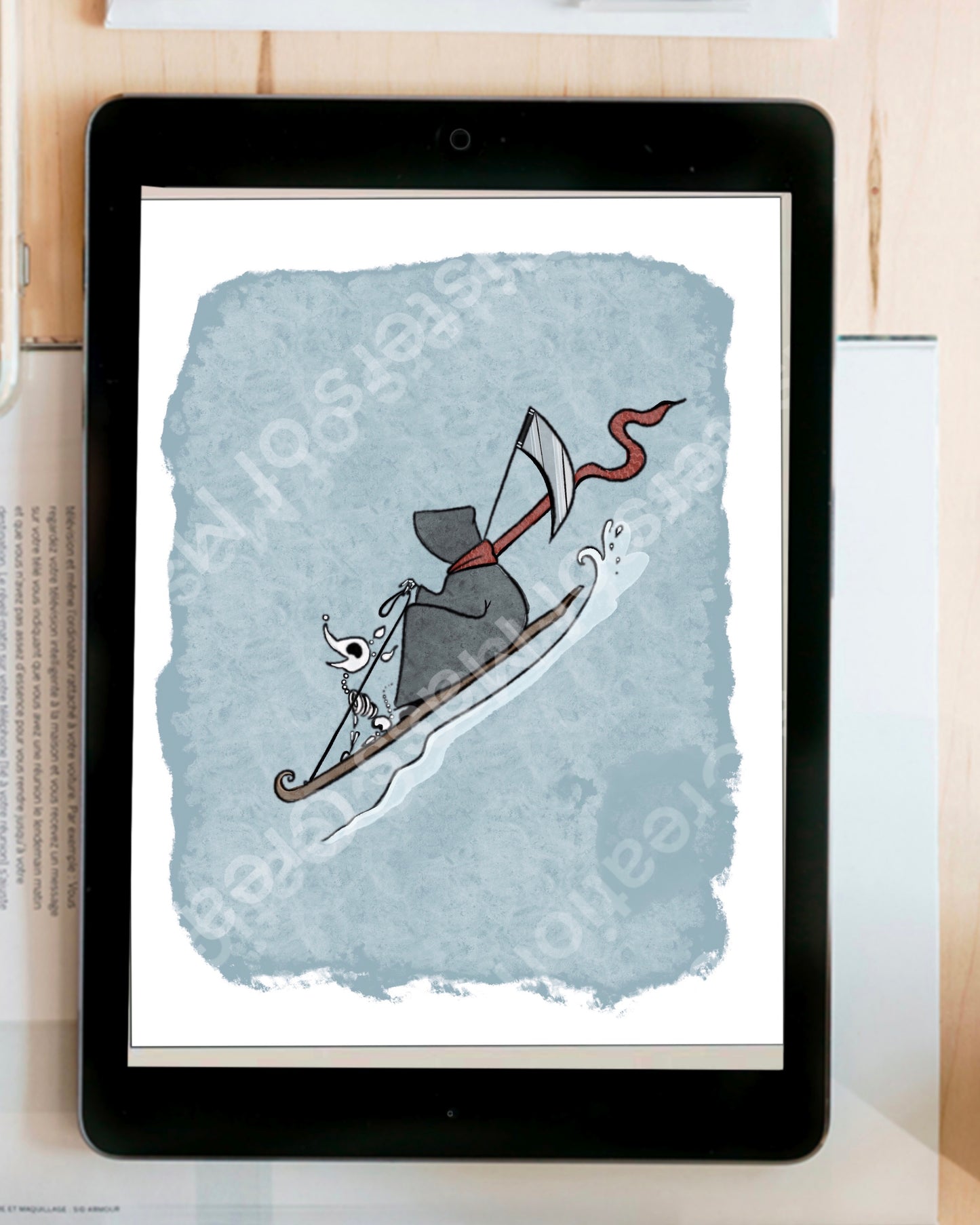 Grim Reaper sledding- instant download digital printable artwork