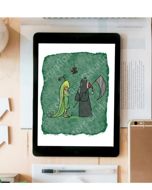 Grim Reaper and Life under the mistletoe - instant download digital printable artwork