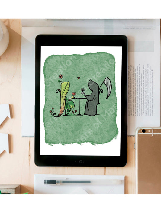Grim Reaper on a date with Life -instant download digital printable artwork