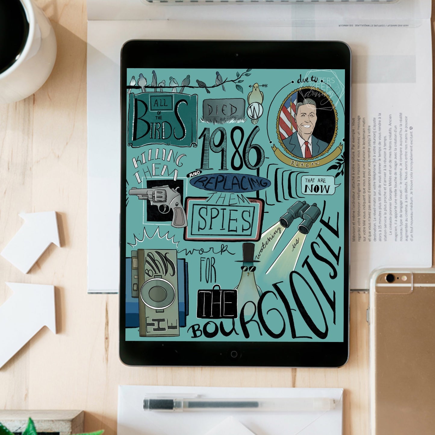 The birds work for the Bourgeoisie -instant download digital printable artwork- hand written