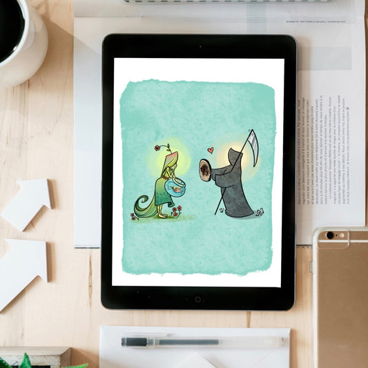Grim Reaper gives Life a Fossil- instant download digital printable artwork