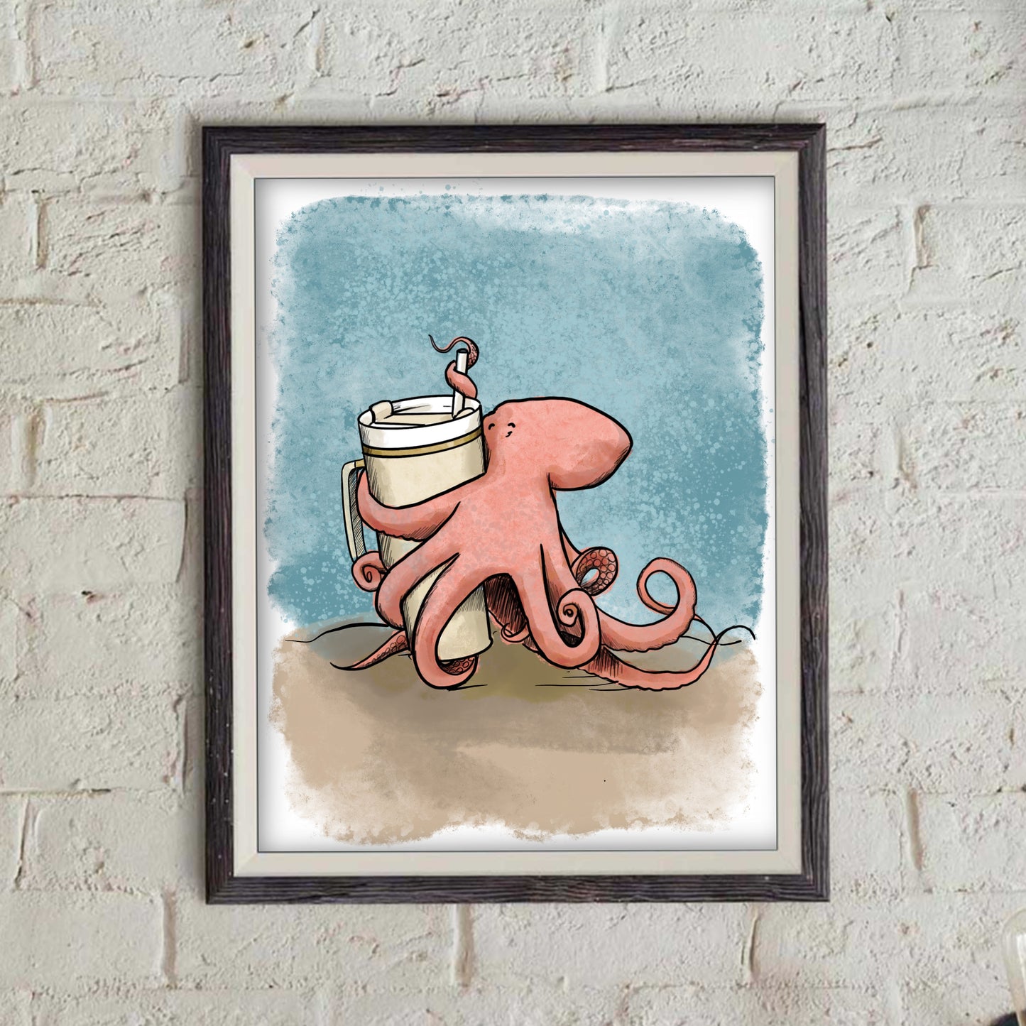 Octopus hugging a Stanley - doodles Print