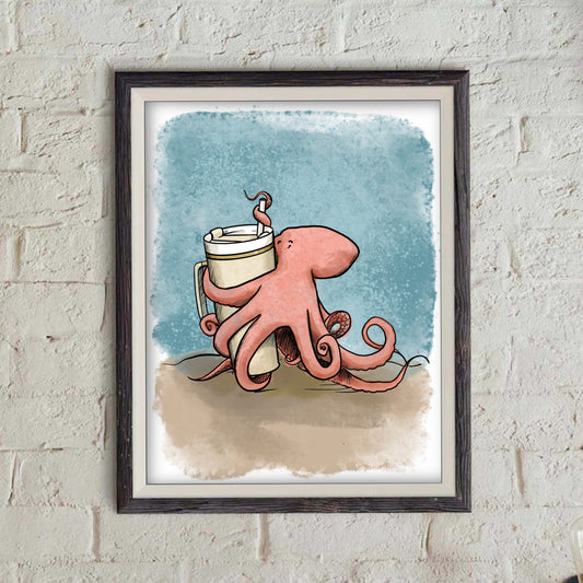 Octopus hugging a Stanley - doodles Print