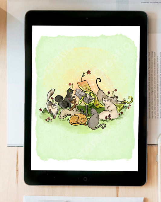 Life with her Nine cats-Grim Reaper- instant download digital printable artwork