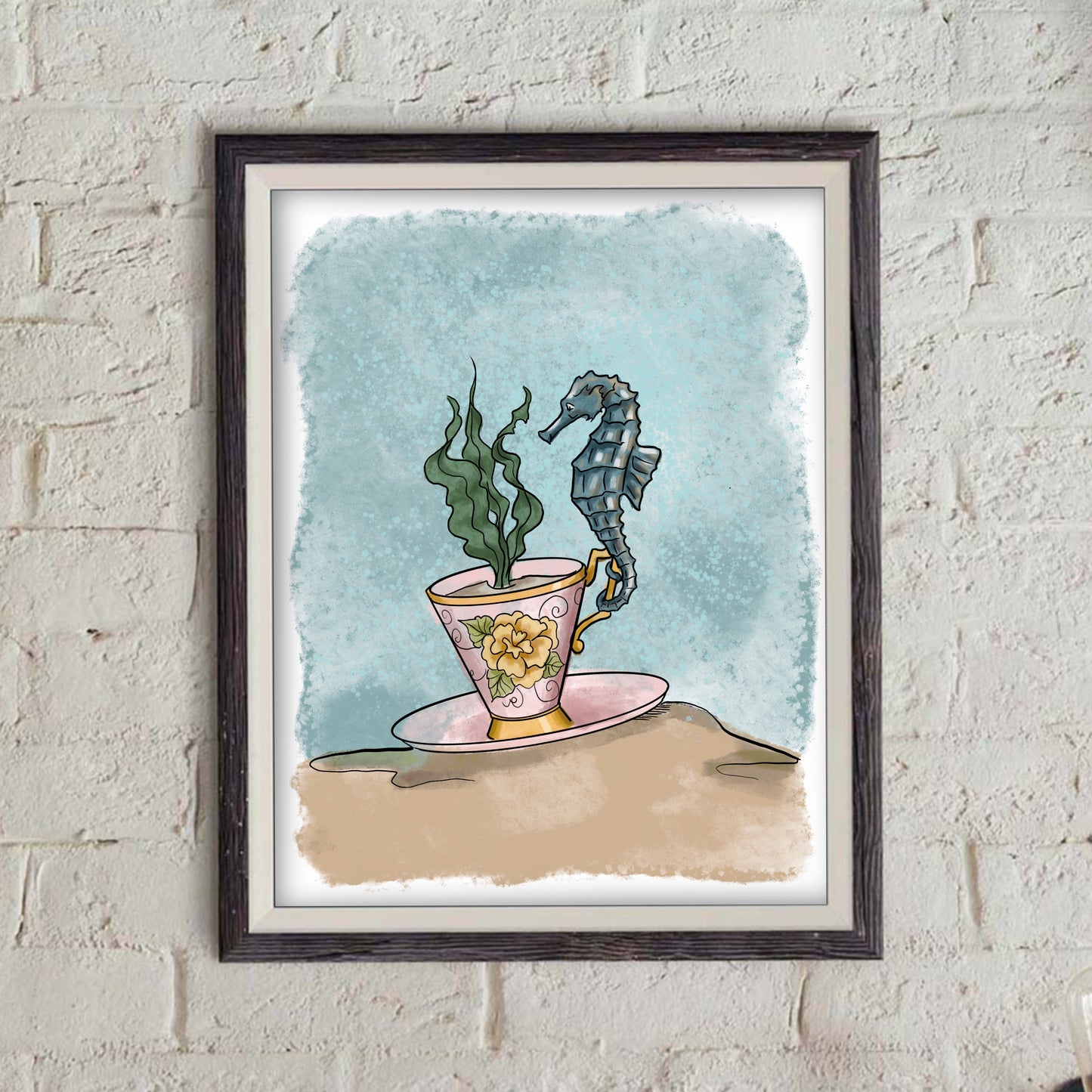 Seahorse holding a Teacup - doodles Print