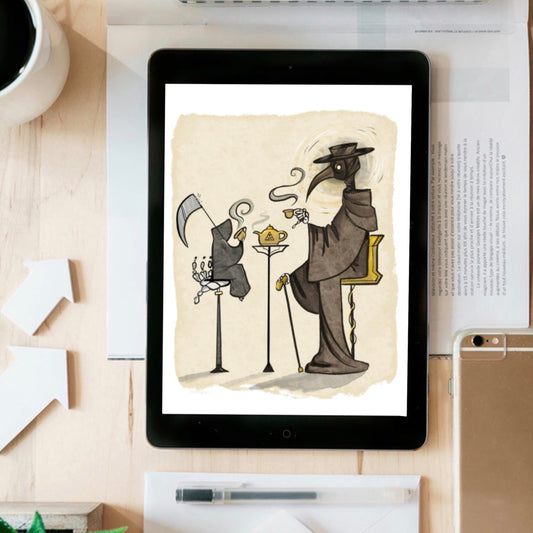 Grim and the Plague Doctor have Tea- instant download digital printable artwork