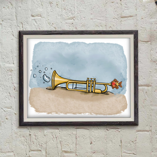 Tiny Fish Playing the Trumpet - doodles Print