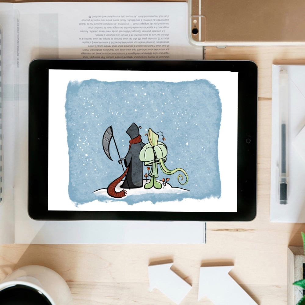 Grim and Life Catching snowflakes - instant download digital printable artwork