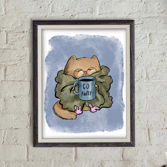 Introverted Cat drinking Coffee doodles Print