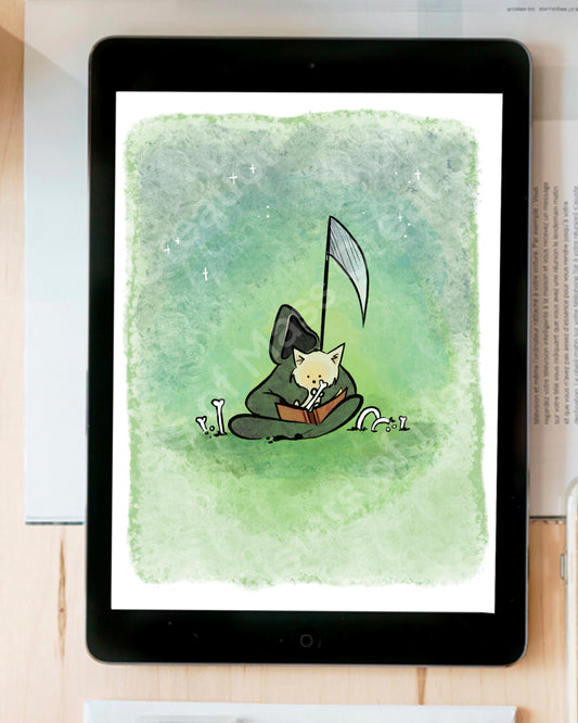 Grim Reads to his Dog -Grim Reaper- instant download digital printable artwork