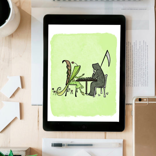 Grim and Life play Chess- instant download digital printable artwork