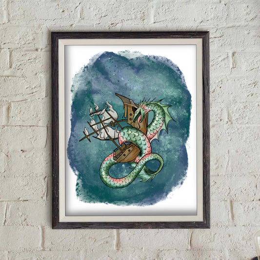 Sea Monster Hugging a Ship- doodle Print