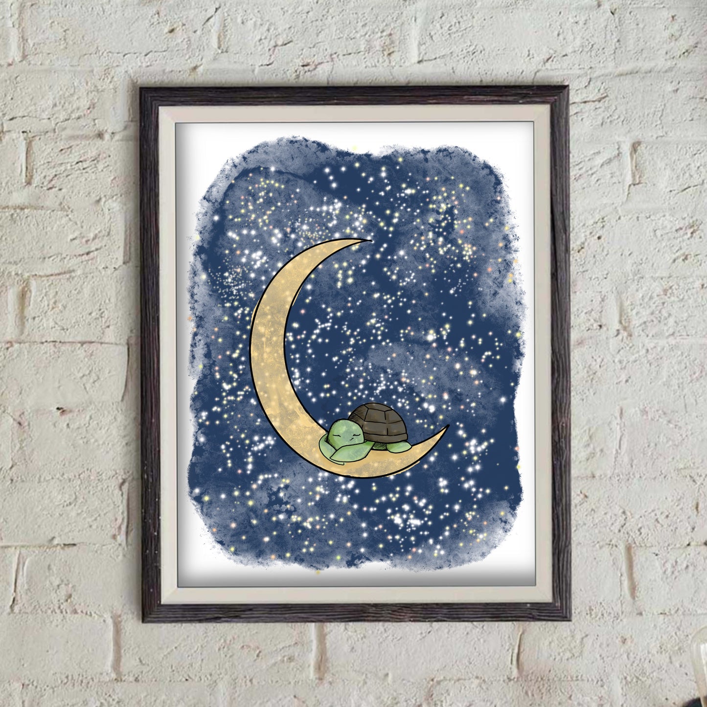 Tiny Sea Turtle Sleeping on the Moon - doodle Print