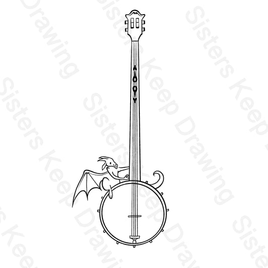 Tiny Dragon playing Banjo-Tattoo Transparent Permission PNG- instant download digital printable art