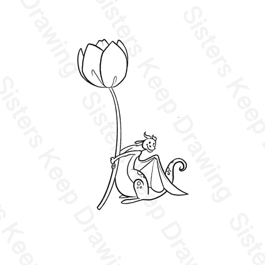 Tiny Dragon holding Tulip-Tattoo Transparent Permission PNG- instant download digital printable artw