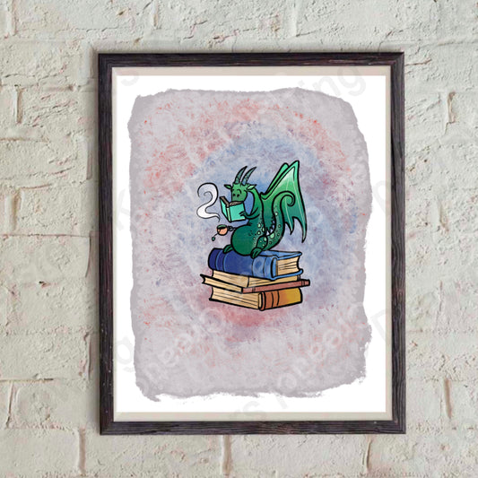 Tiny Dragon Reading on book Pile - Print